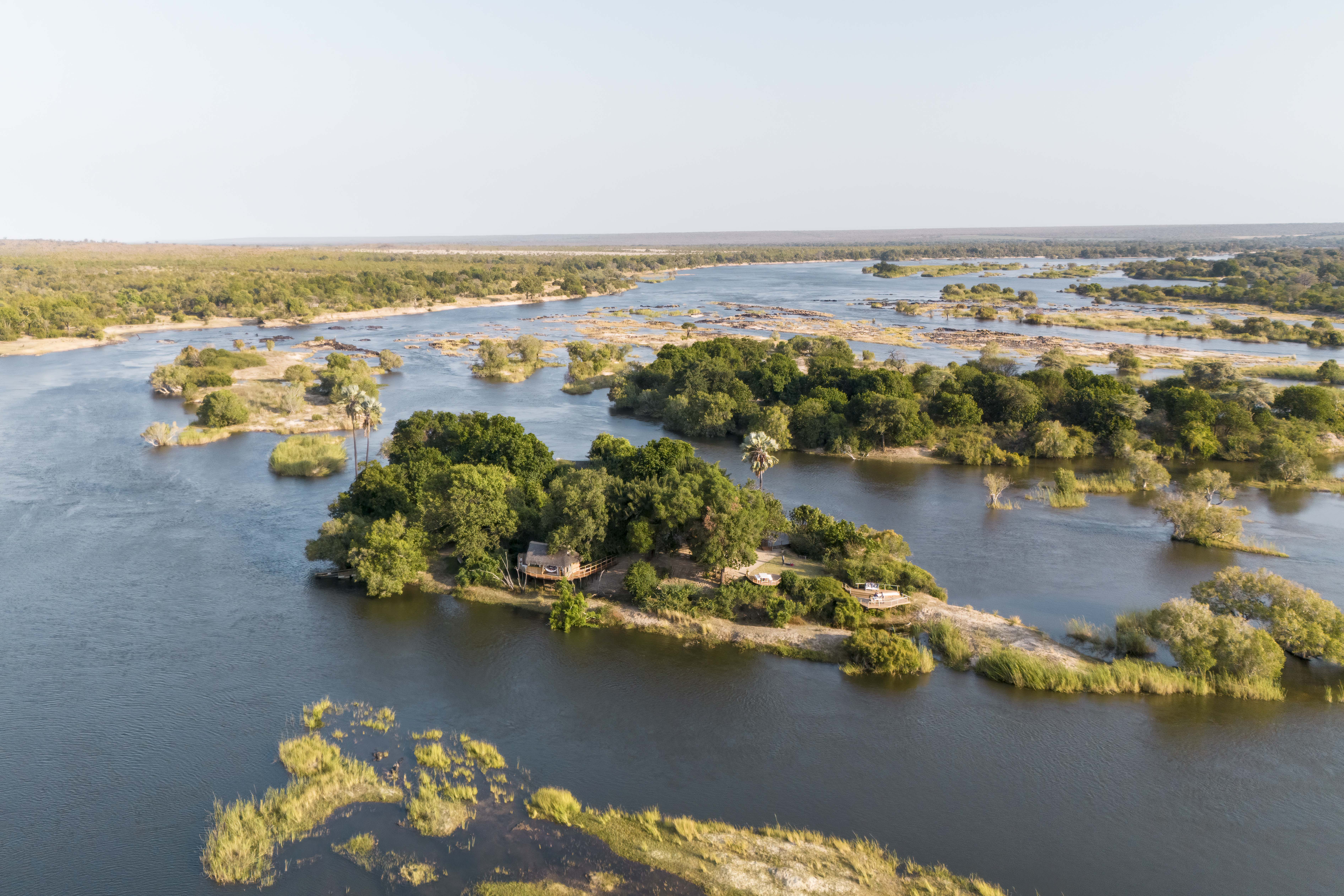 Aerial shot of Sindabezi Private Island Camp in Zambia