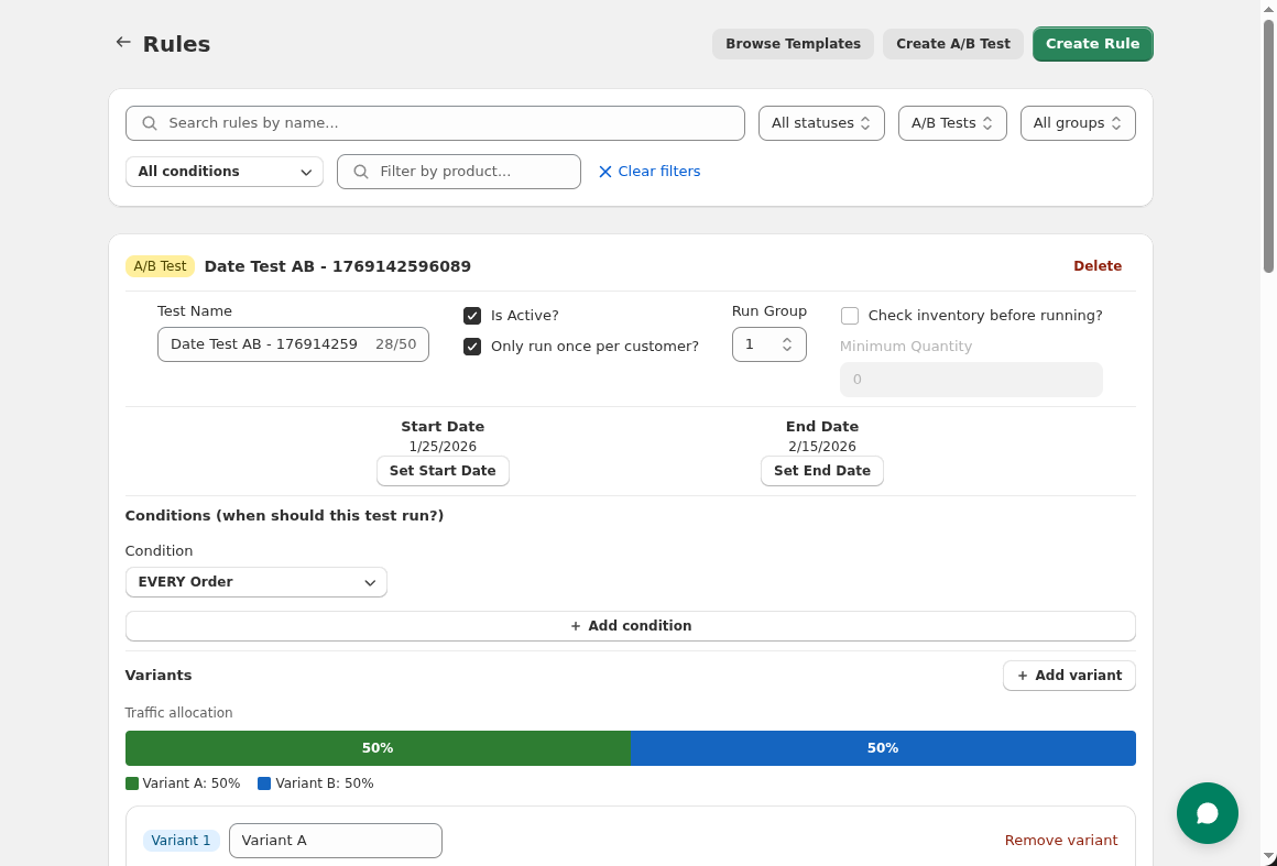 A/B test with sample variants