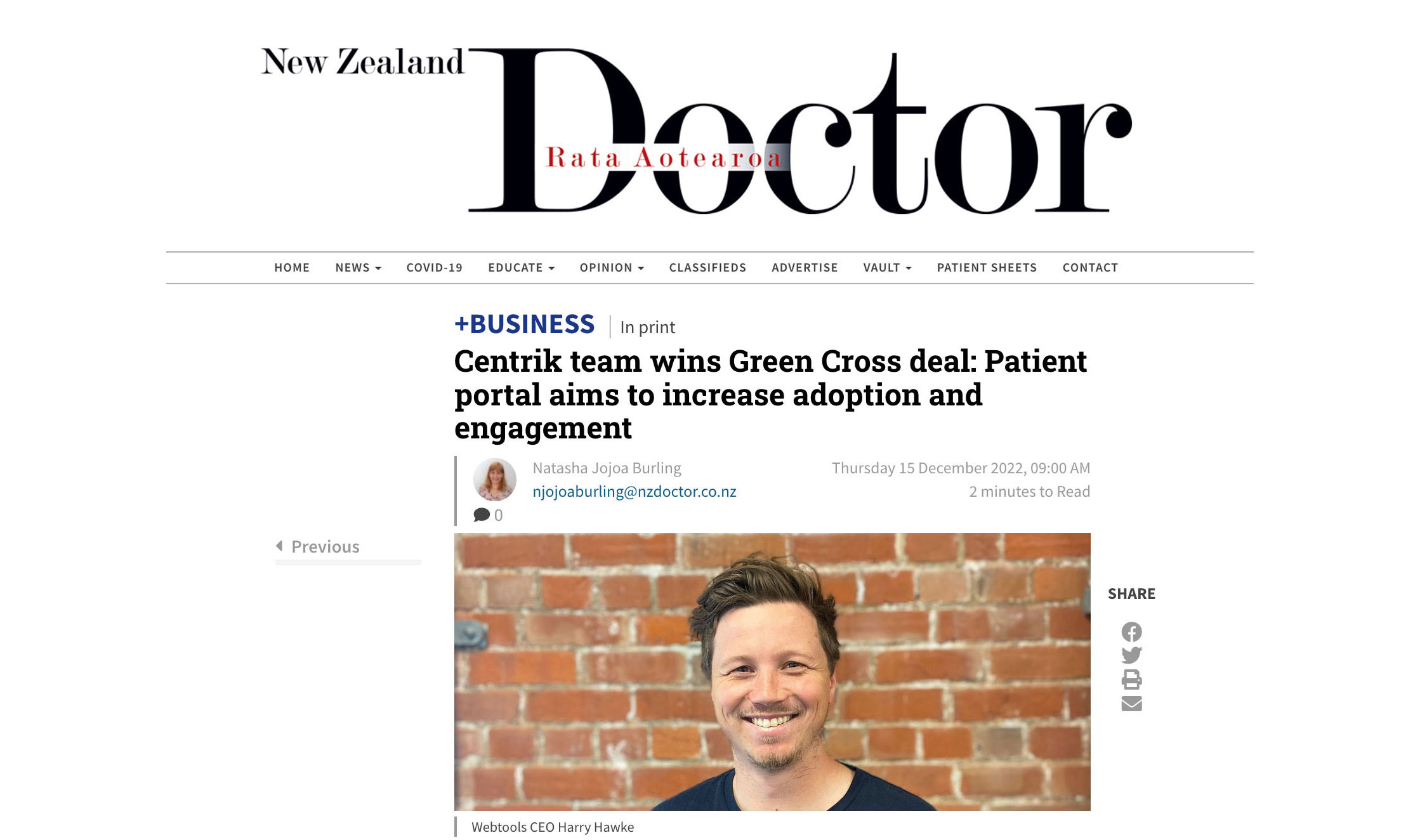 Centrik Partnership with Green Cross Health Featured in New Zealand Doctor
