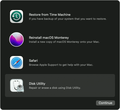  Select Disk Utility. Then, find the disk named Macintosh HD.