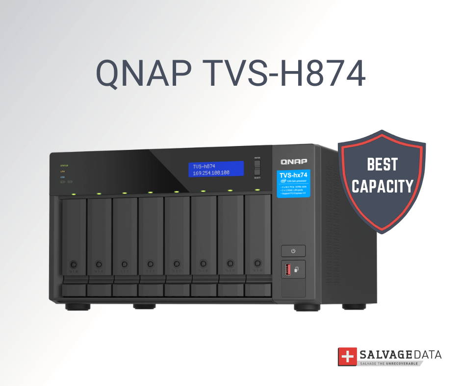 a photo of the QNAP TVS-h874 with the award seal for the best capacity
