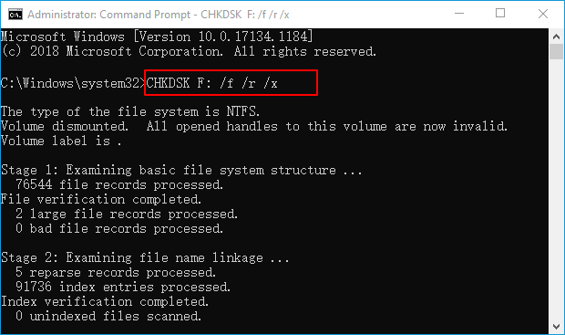screenshot of the CHKDSK command
