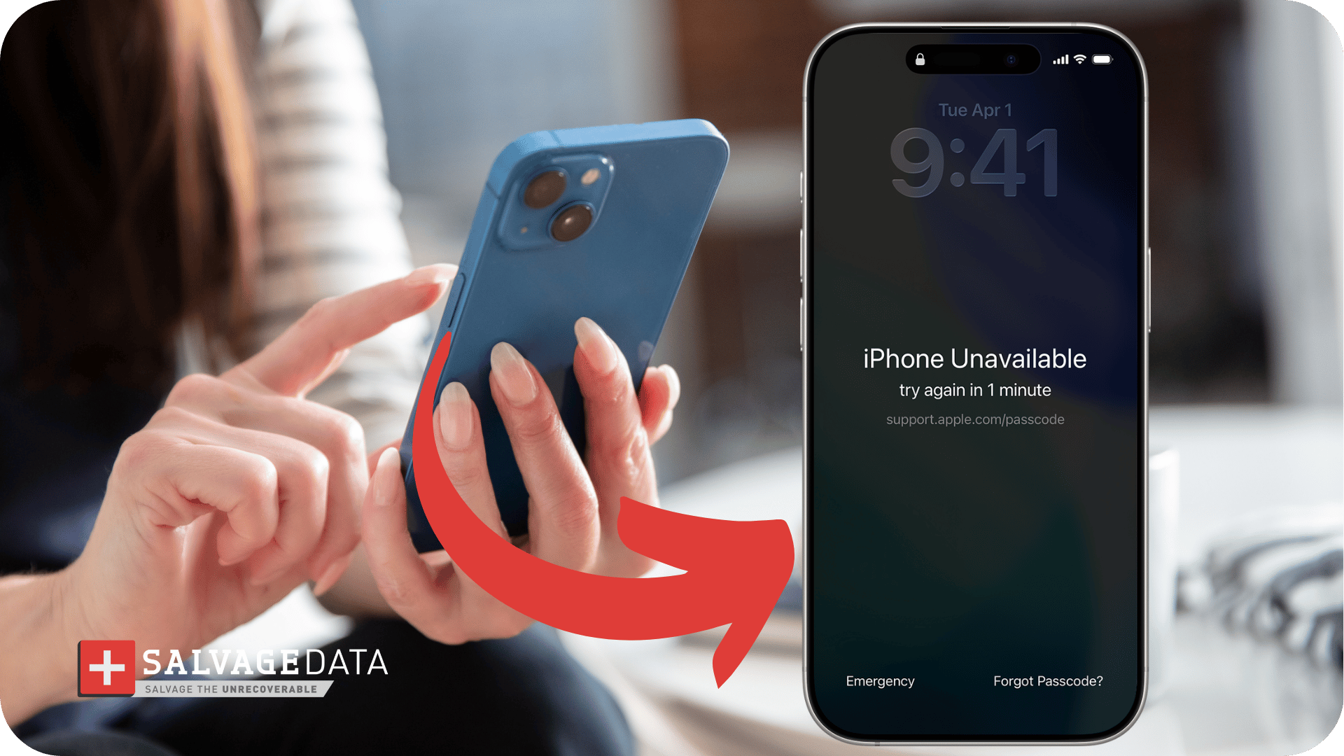 the image shows a woman holding an iphone and an arrow pointing to the screen with the iPhone Unavailable, try again in one minute message
