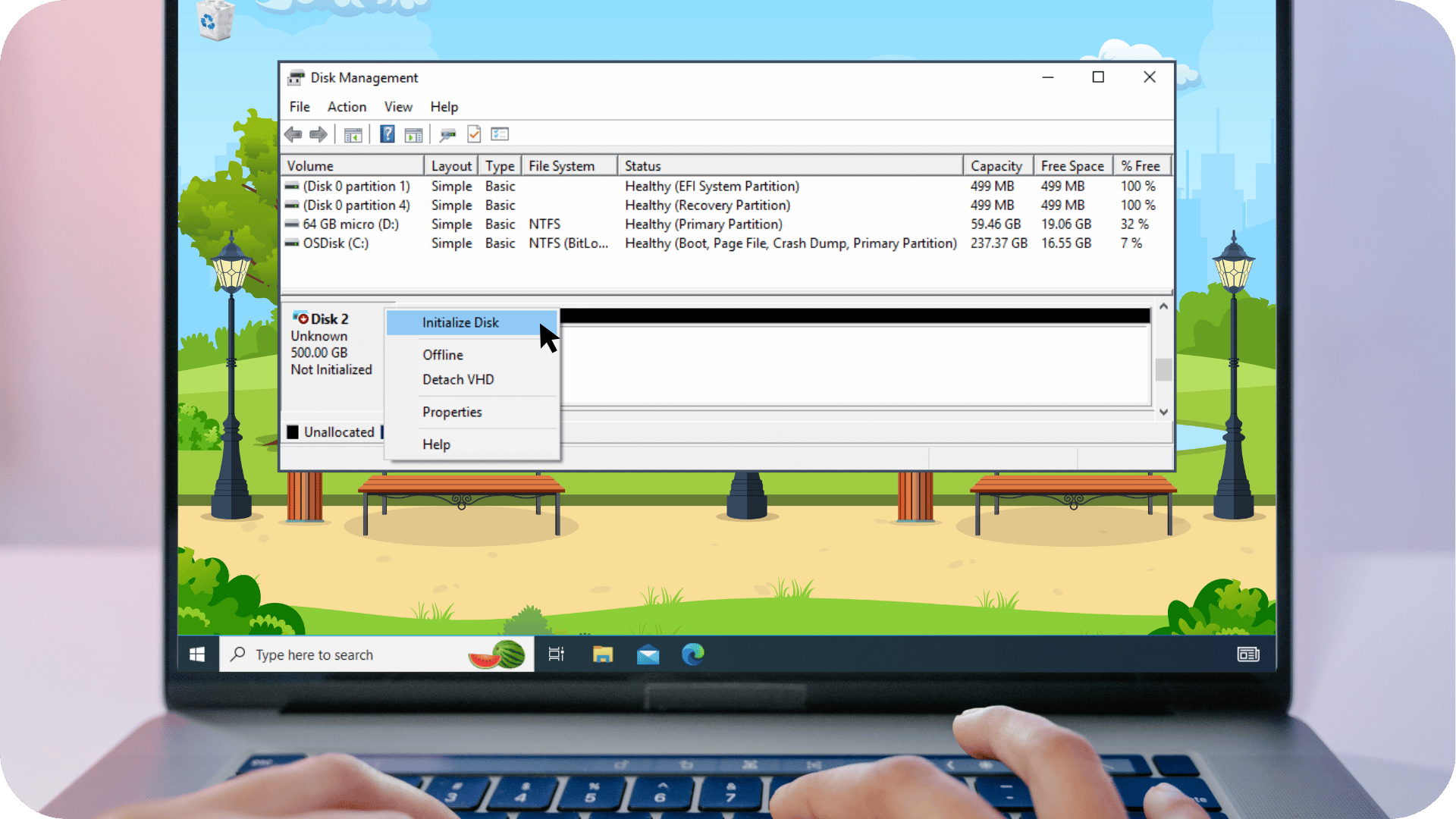 screenshot of the Windows' Disk Management tool
