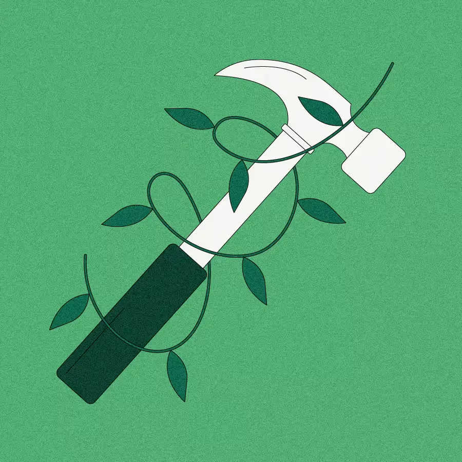 Illustration of hammer wrapped in leafy vine on green background.