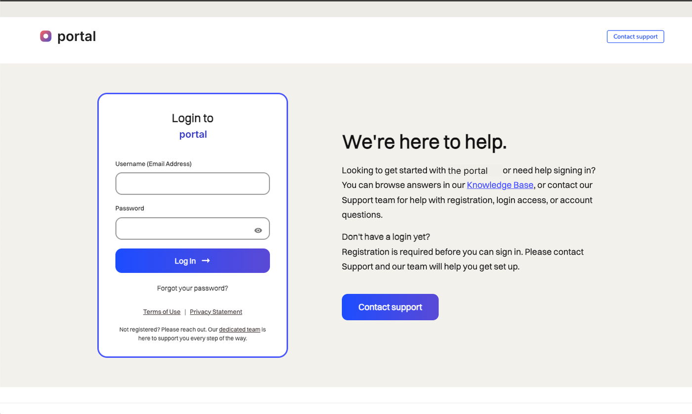 The old help page, a single login card beside a short support message