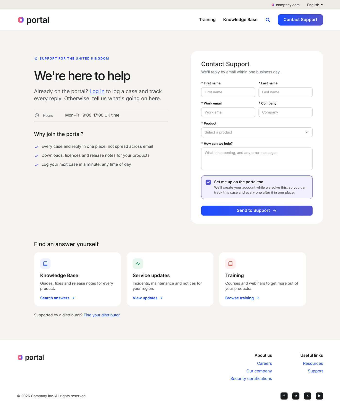 The redesigned Contact Support page, with a structured form and self-serve cards