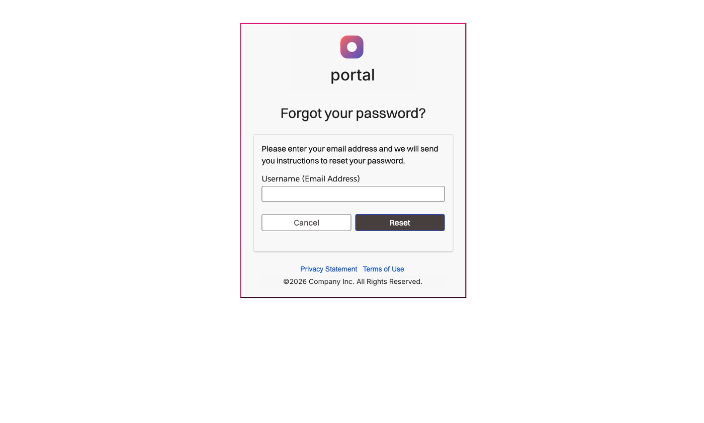 The old forgot password modal, a small card with an email field and reset