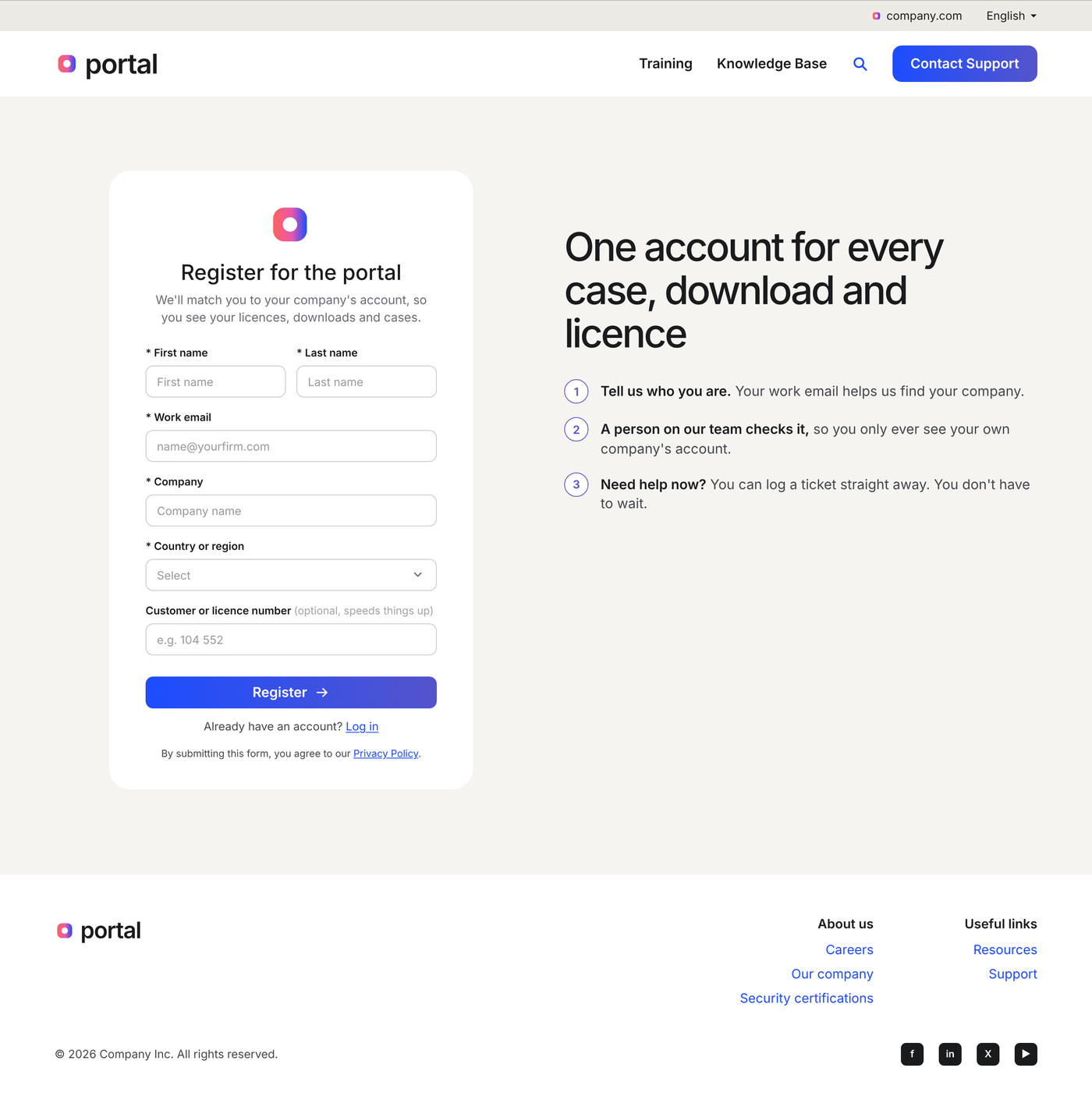 The new registration page, with a short form and a three step explainer
