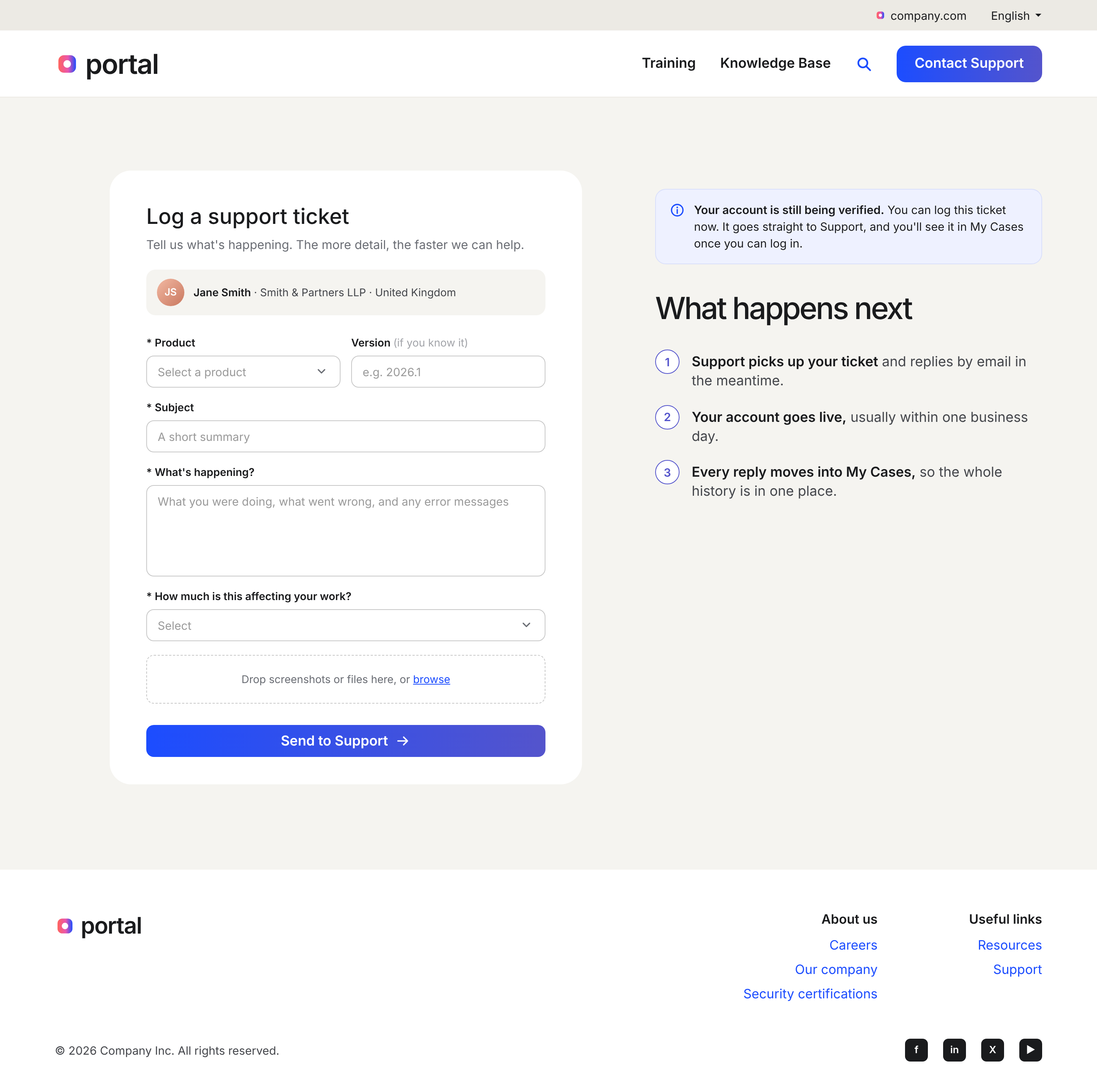 The log a ticket screen shown while the account is verified