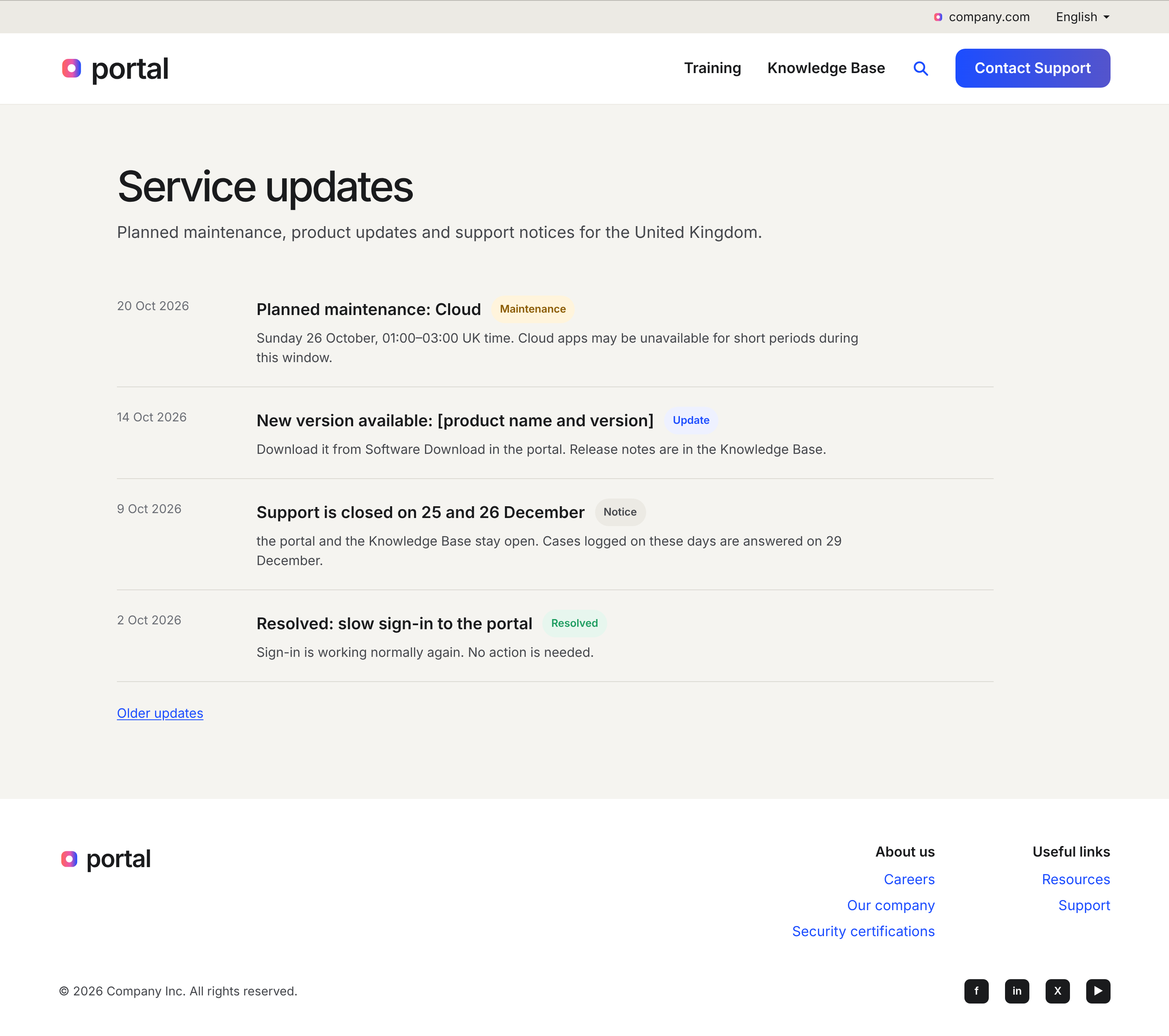 The service updates screen