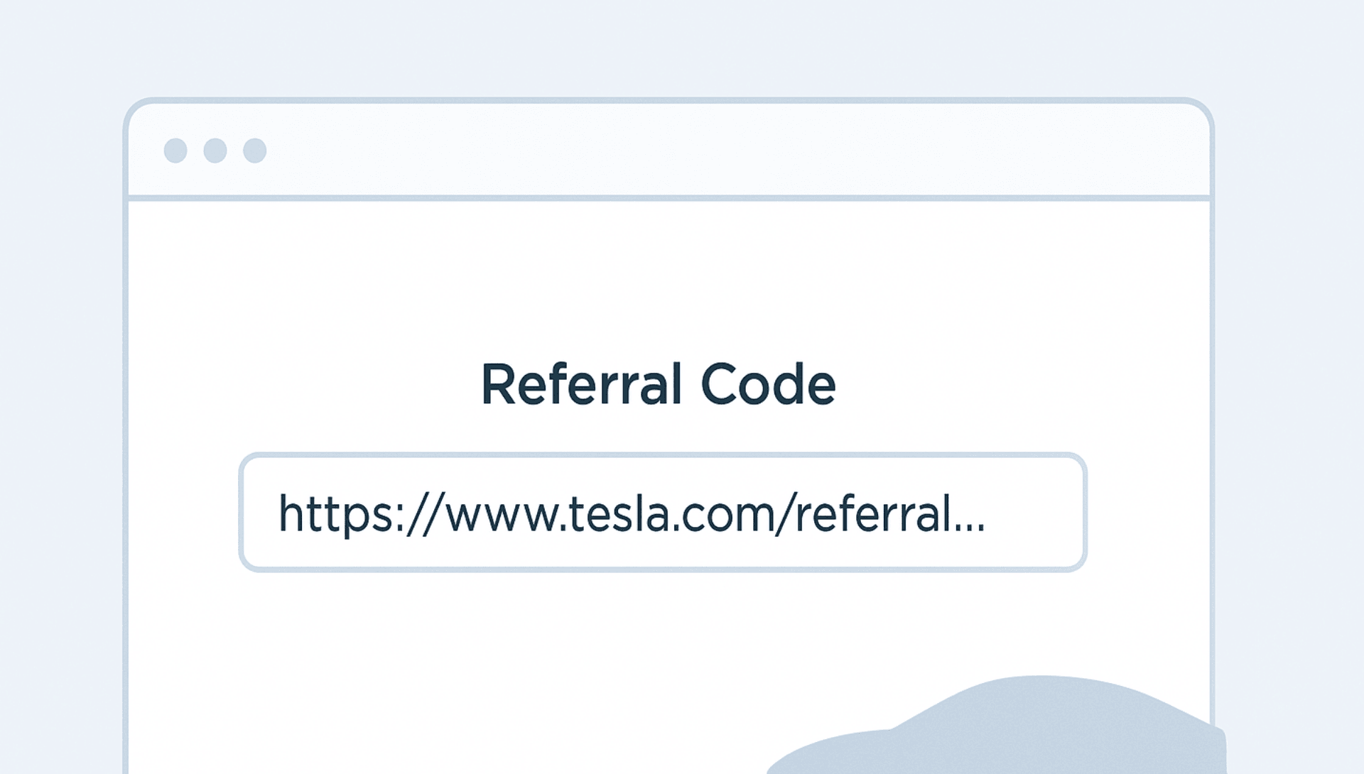 Minimalist flat-style illustration of a web browser window displaying a “Referral Code” input field pre-filled with a Tesla referral link, accented by a subtle Tesla car silhouette in the corner and clean white and light blue‑gray UI elements—conveying a secure, professional, tech‑savvy referral entry interface.