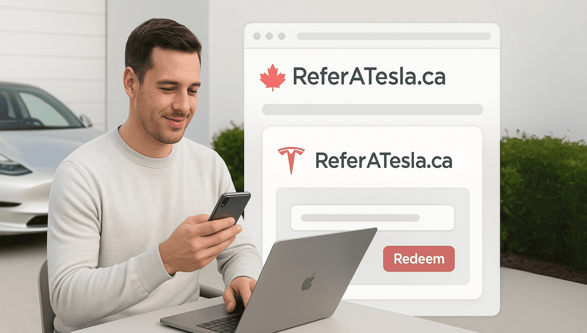 illustration of a confident Tesla owner browsing ReferATesla.ca on a laptop while holding a smartphone, seated next to a silver 2025 Model 3 on a driveway; a simulated browser window shows the referral platform with a “Redeem” button and a subtle red maple leaf accent—using a premium white, light gray, and silver palette to convey simplicity, trust, and easy rewards.