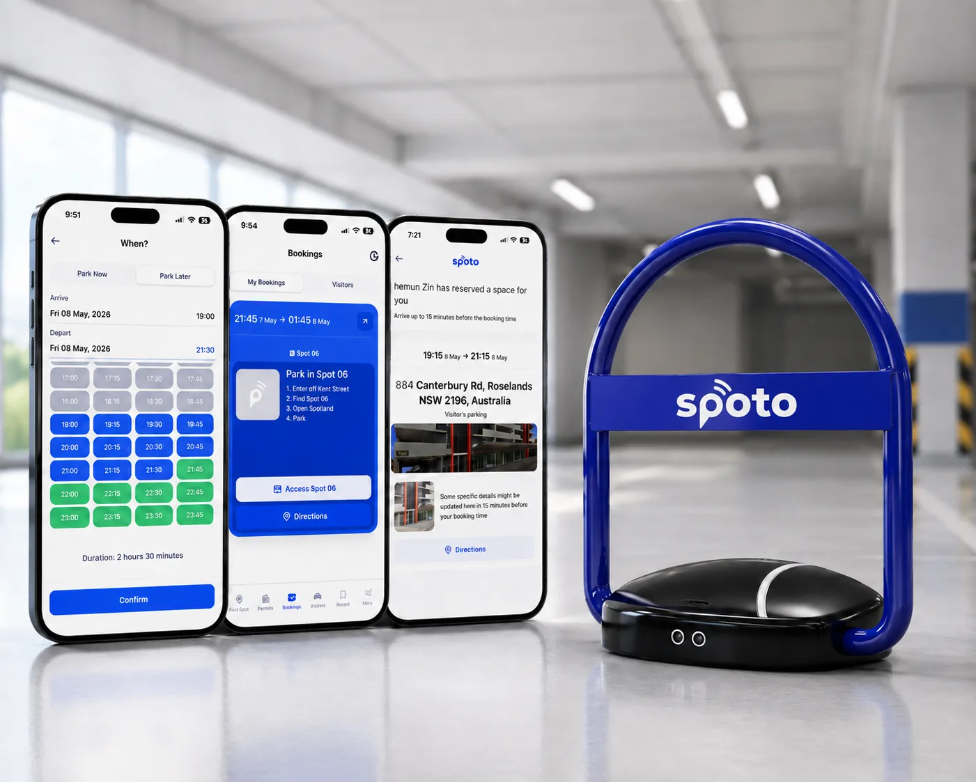 Three phones display a parking app interface next to a blue Spoto branded parking lock device.