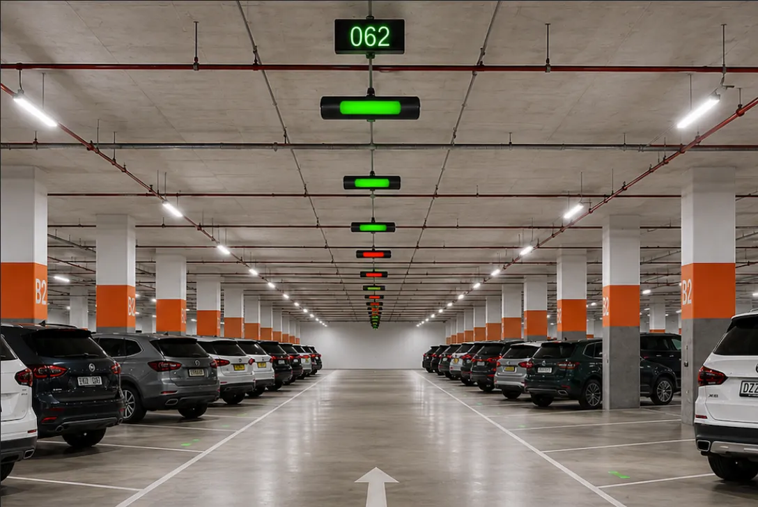 Indoor parking garage with cars, pillars marked B2, and electronic sensors showing available spaces.