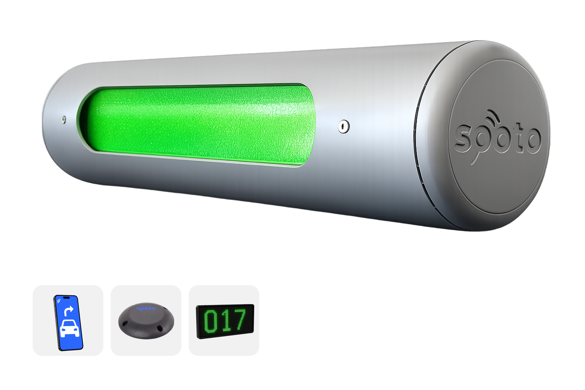 Green-lit gray cylindrical device with Spoto logo and three connected images showing app, sensor, and LED number display.
