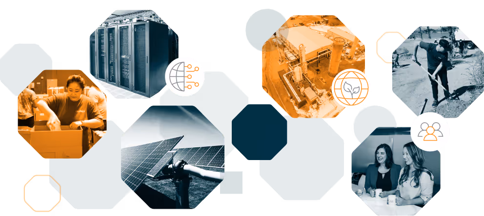 collage graphic of CIM volunteer event photos, sustainable infrastructure, and industry partners, colored orange and blue and cropped within hexagons and circles