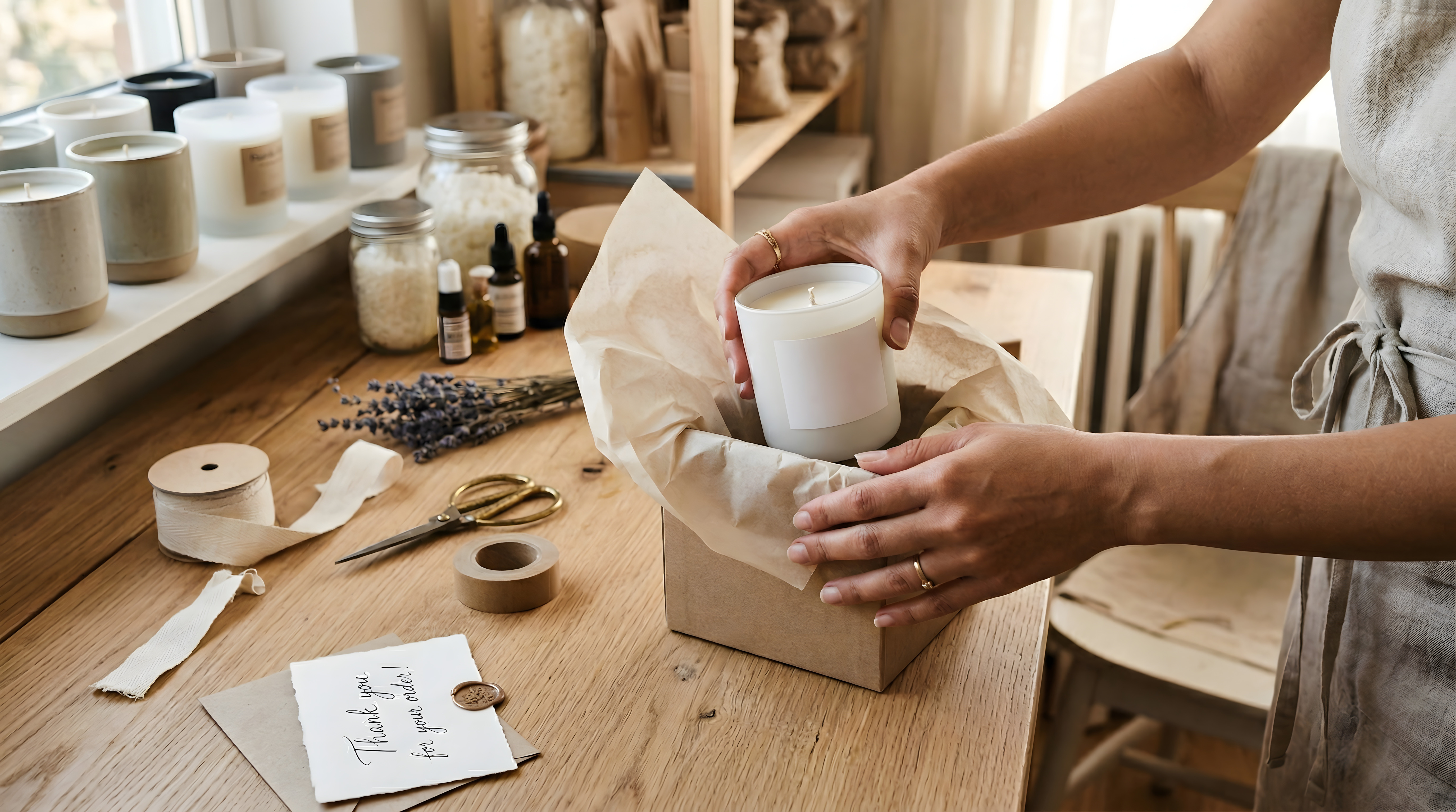 Small business owner packaging a candle in a shipping box with protective packing paper.