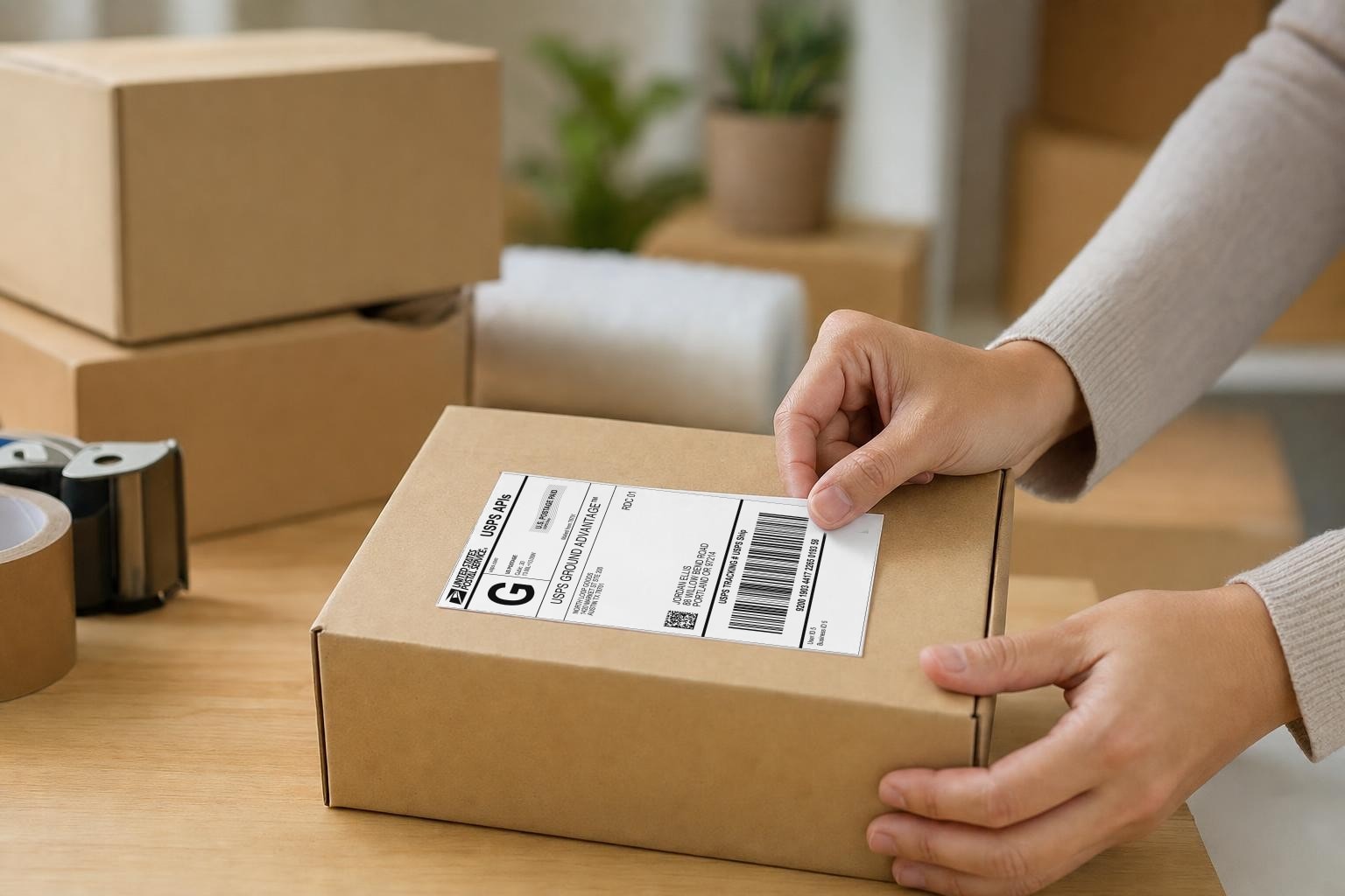 Hands applying a USPS Ground Advantage shipping label to a kraft shipping box