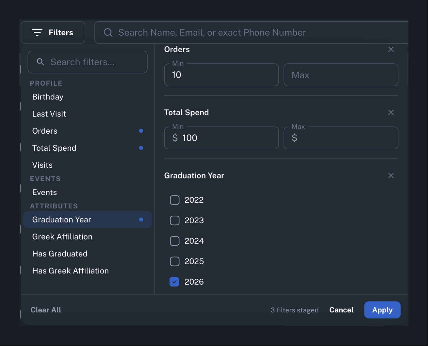LineLeap customer filters for order count, total spend, and graduation year, with no customer records shown.