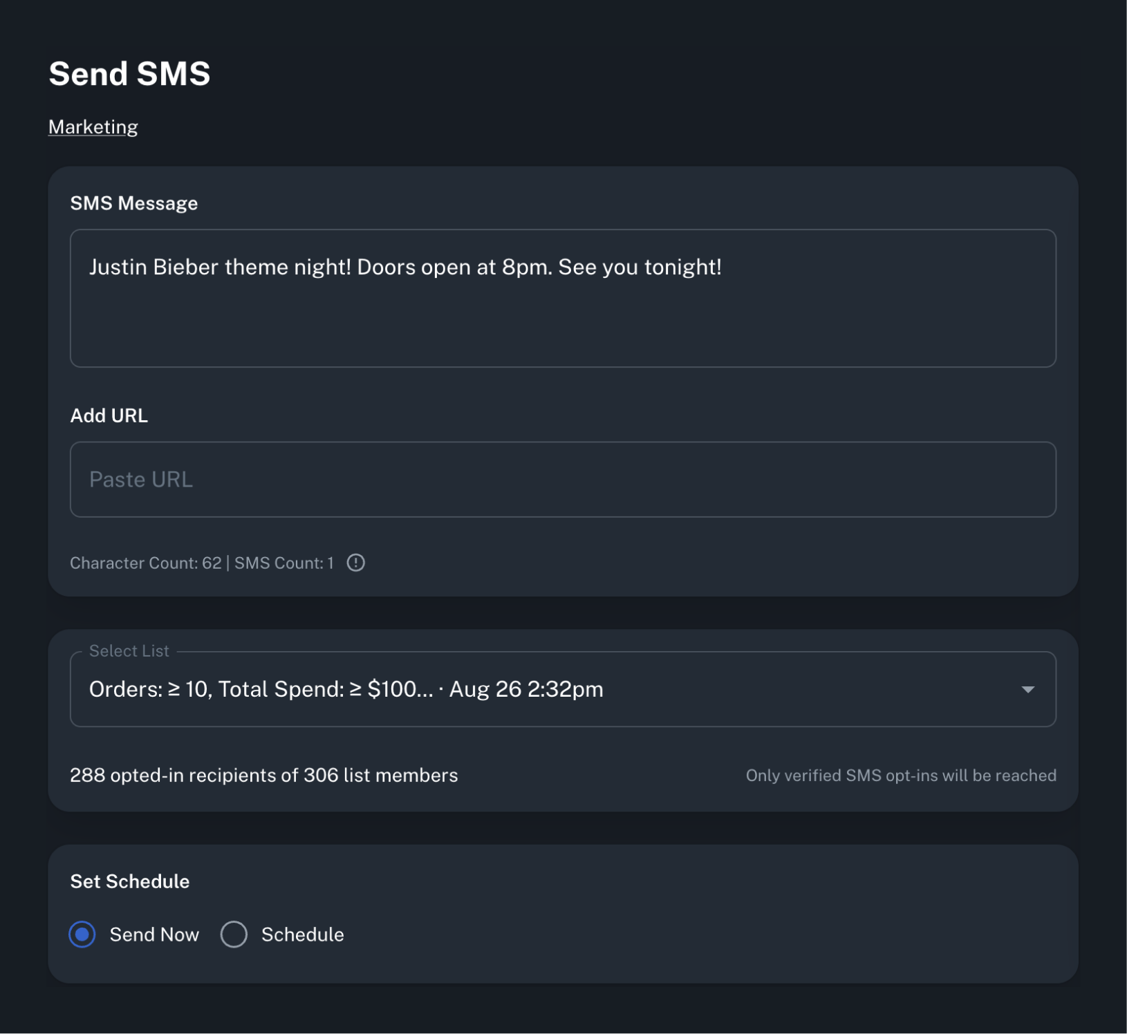 LineLeap SMS composer with message, customer-list, and send-now or schedule controls. No phone numbers or customer details are shown.