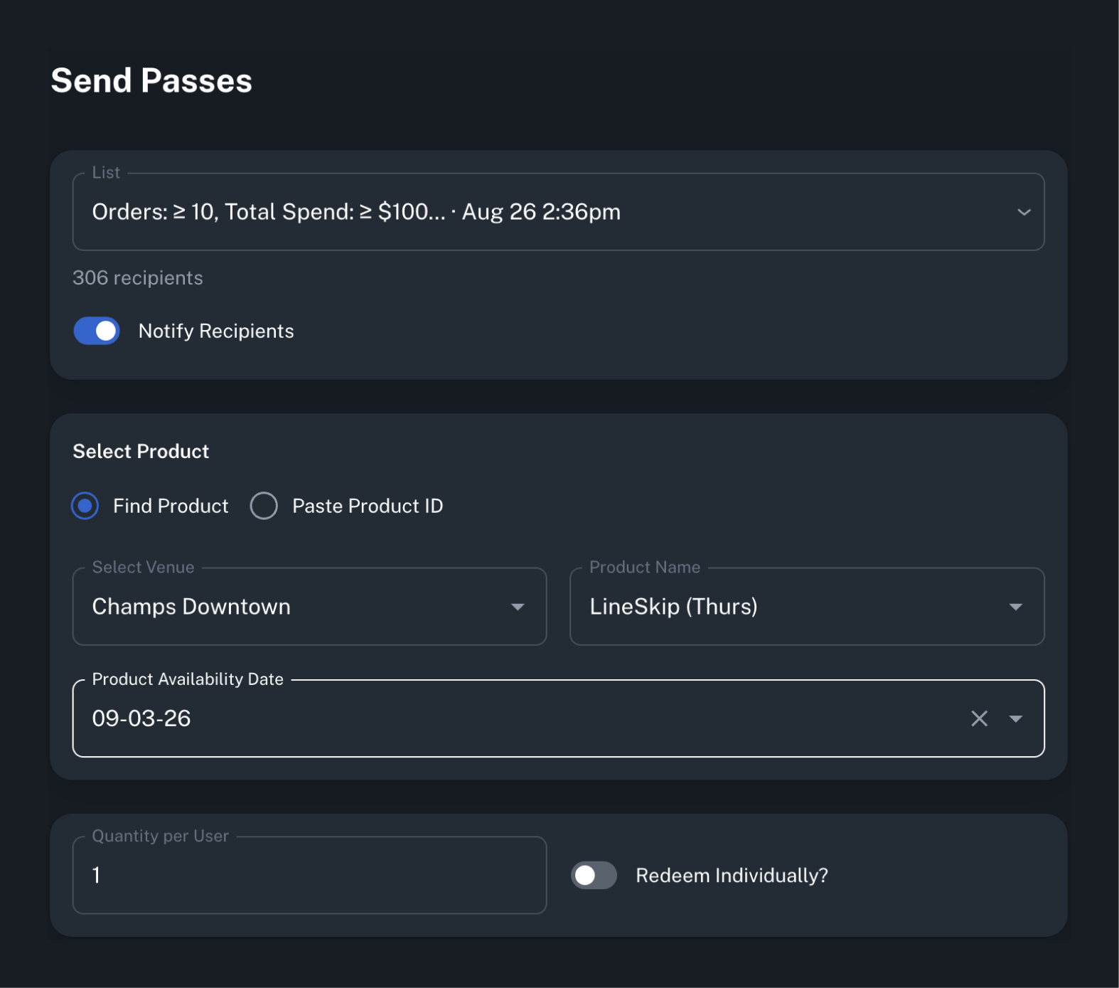 LineLeap Send Passes controls for selecting a customer list, pass, availability date, and quantity per customer.