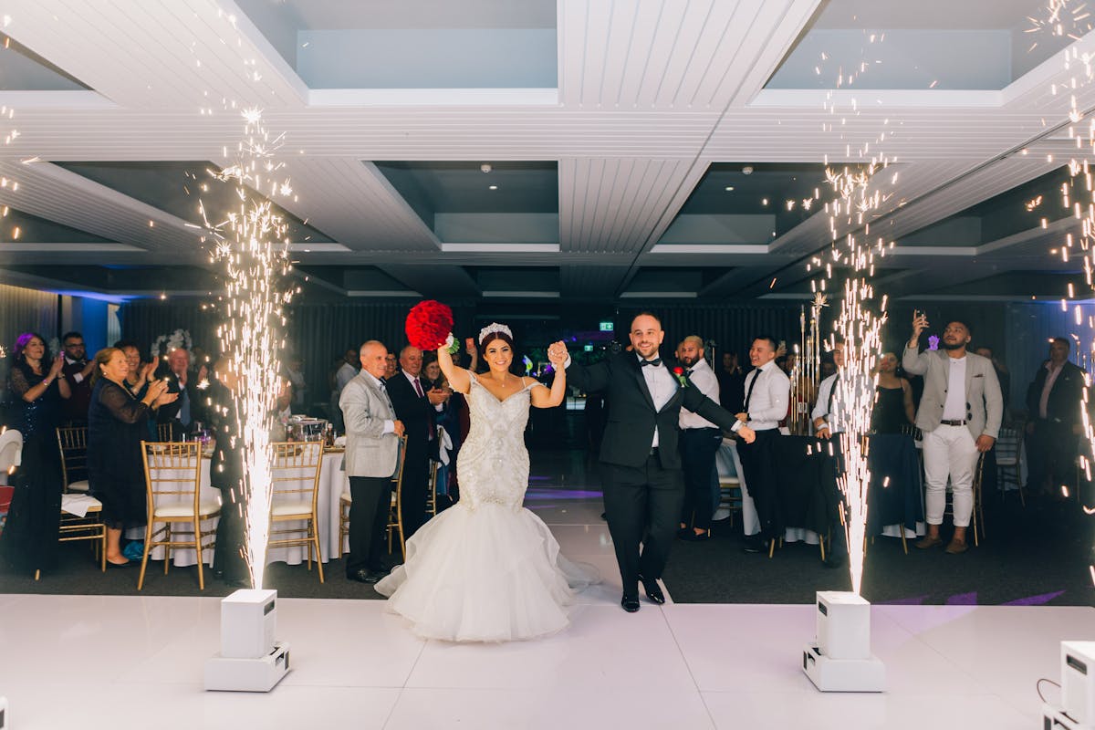 Elegant wedding reception with string lights