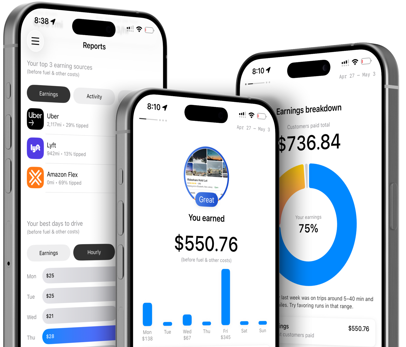 GigReal app — reports, earnings, and breakdown screens