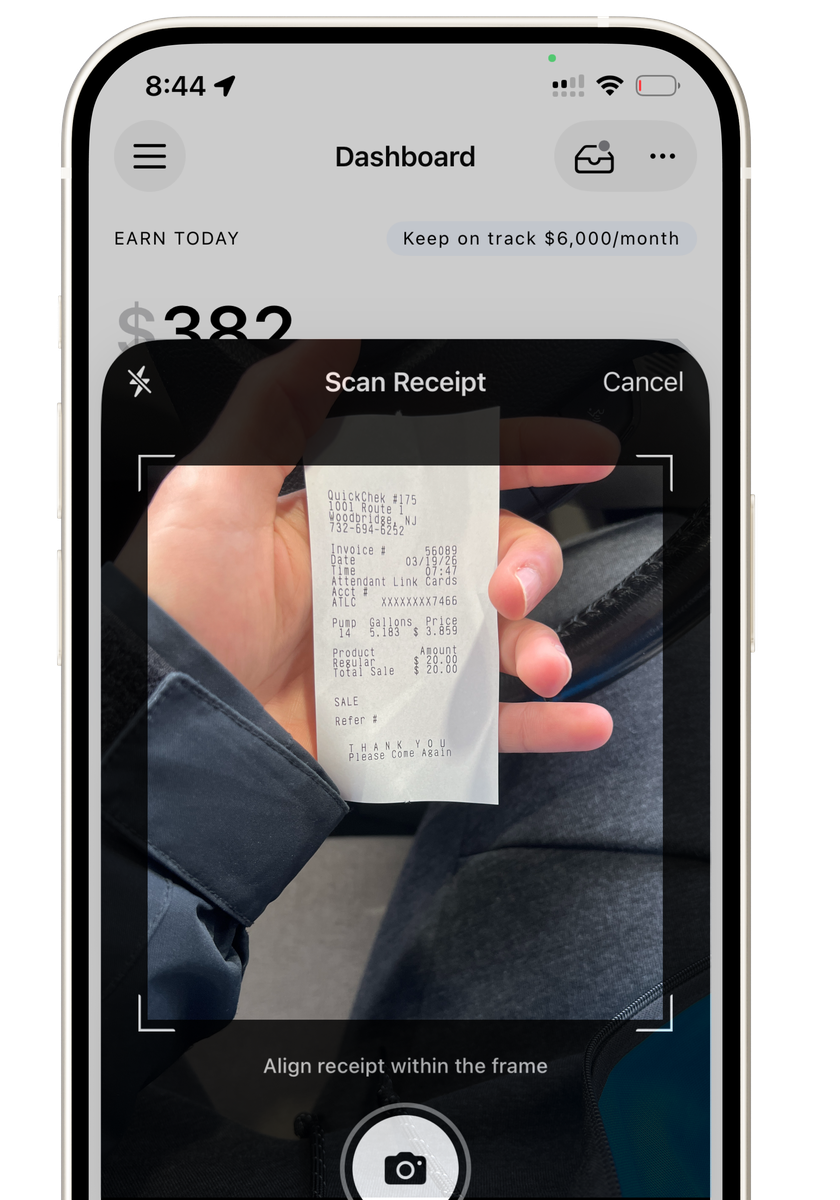 Scan Receipt screen in the GigReal app