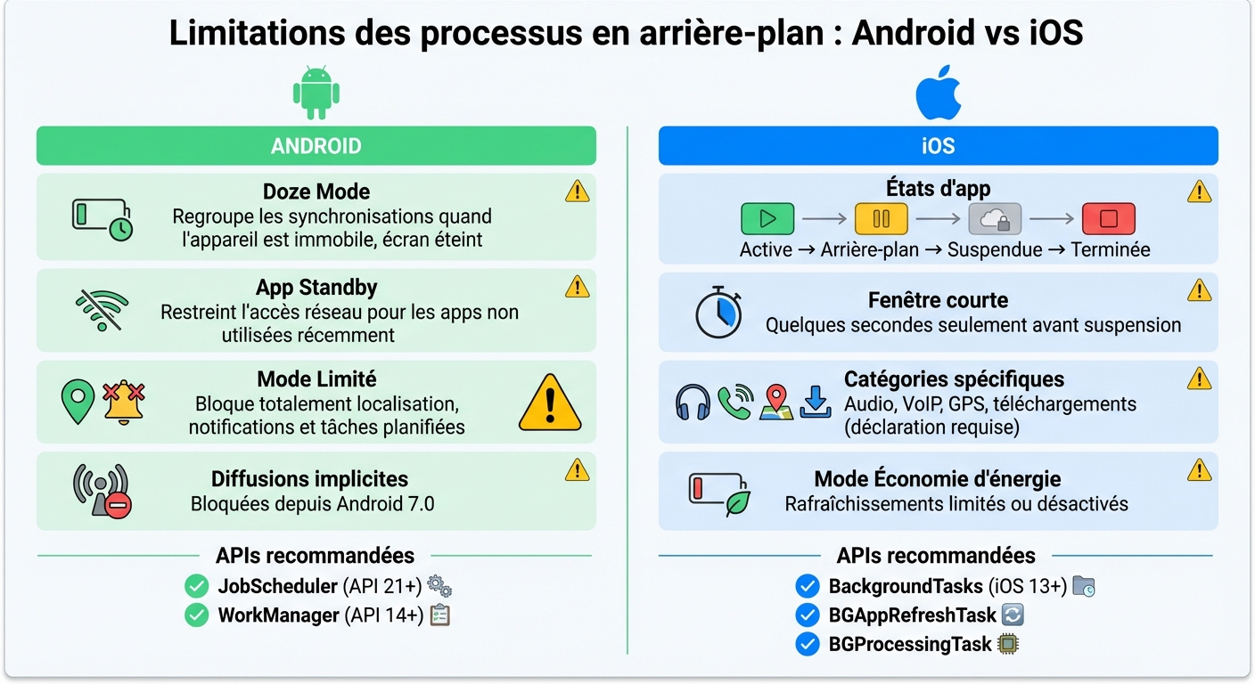 Comparaison des limitations et API d'arrière-plan Android vs iOS