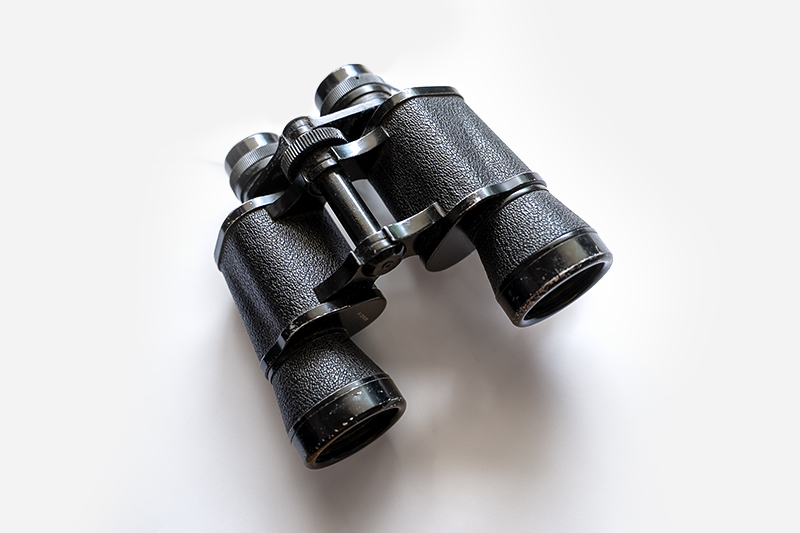 Black textured vintage binoculars with adjustable center hinge and focus knob, placed on a white surface.