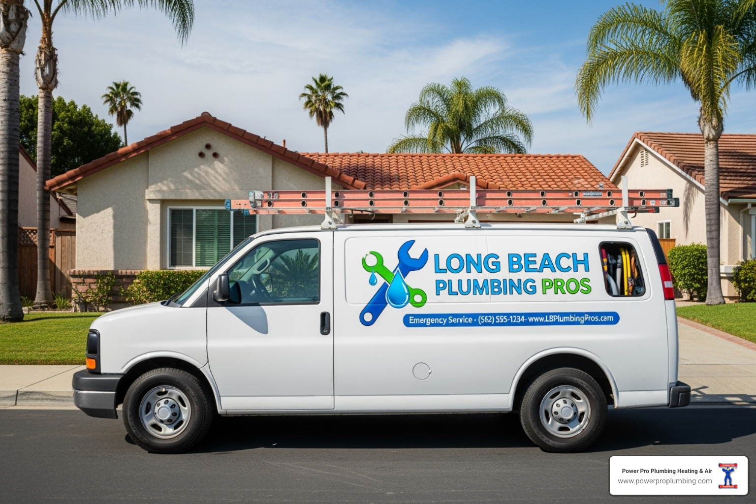 a plumber's van with professional branding in a Long Beach driveway - Emergency plumber Long Beach