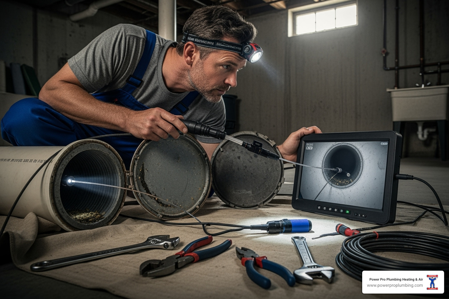 a plumber using a video camera inspection tool in a drain - Emergency plumber Long Beach