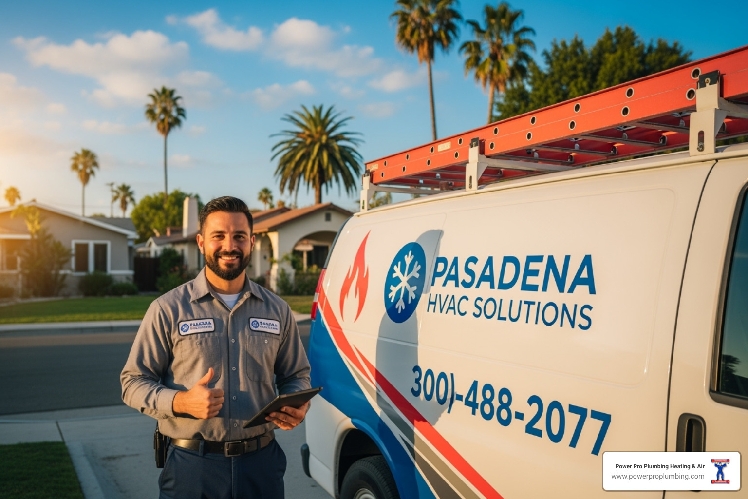 friendly, professional technician with a van in a Pasadena neighborhood - heater repair Pasadena CA
