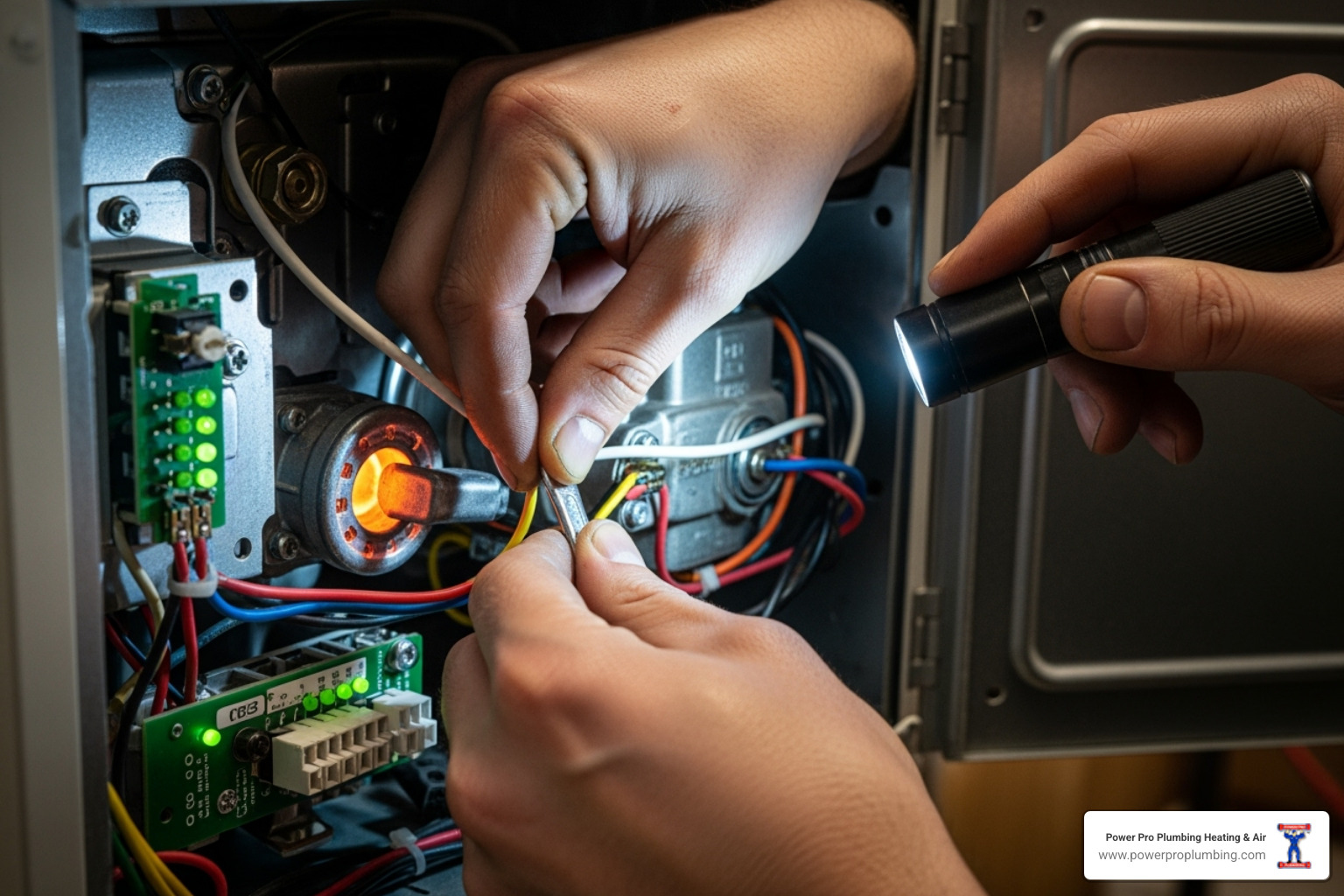 technician's hands working on the internal components of a furnace - heater repair Pasadena CA