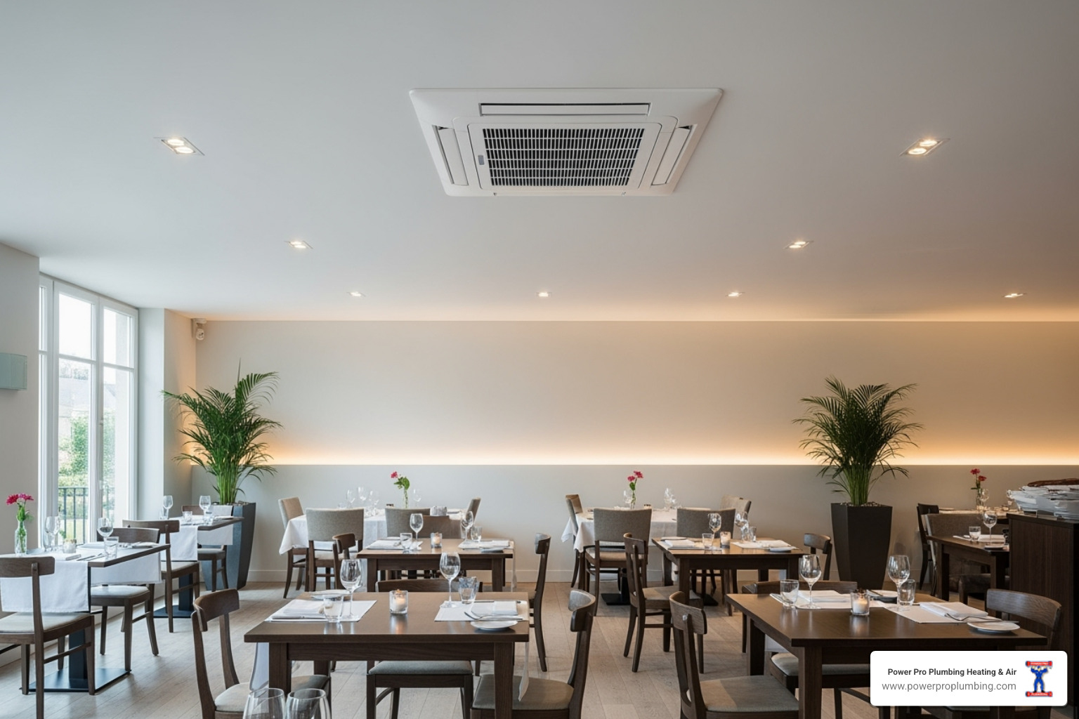 Ceiling cassette mini-split unit in a stylish restaurant dining area - ductless mini splits