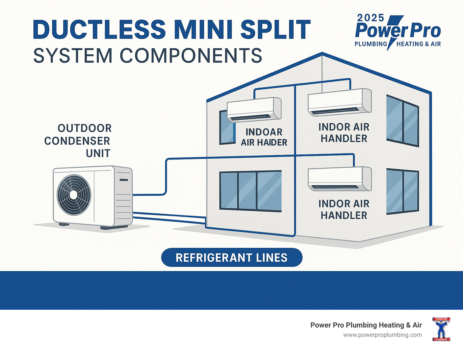 Commercial ductless mini split system components showing outdoor condenser unit connected via refrigerant lines to multiple indoor air handlers in different zones of a commercial building - ductless mini splits infographic 
