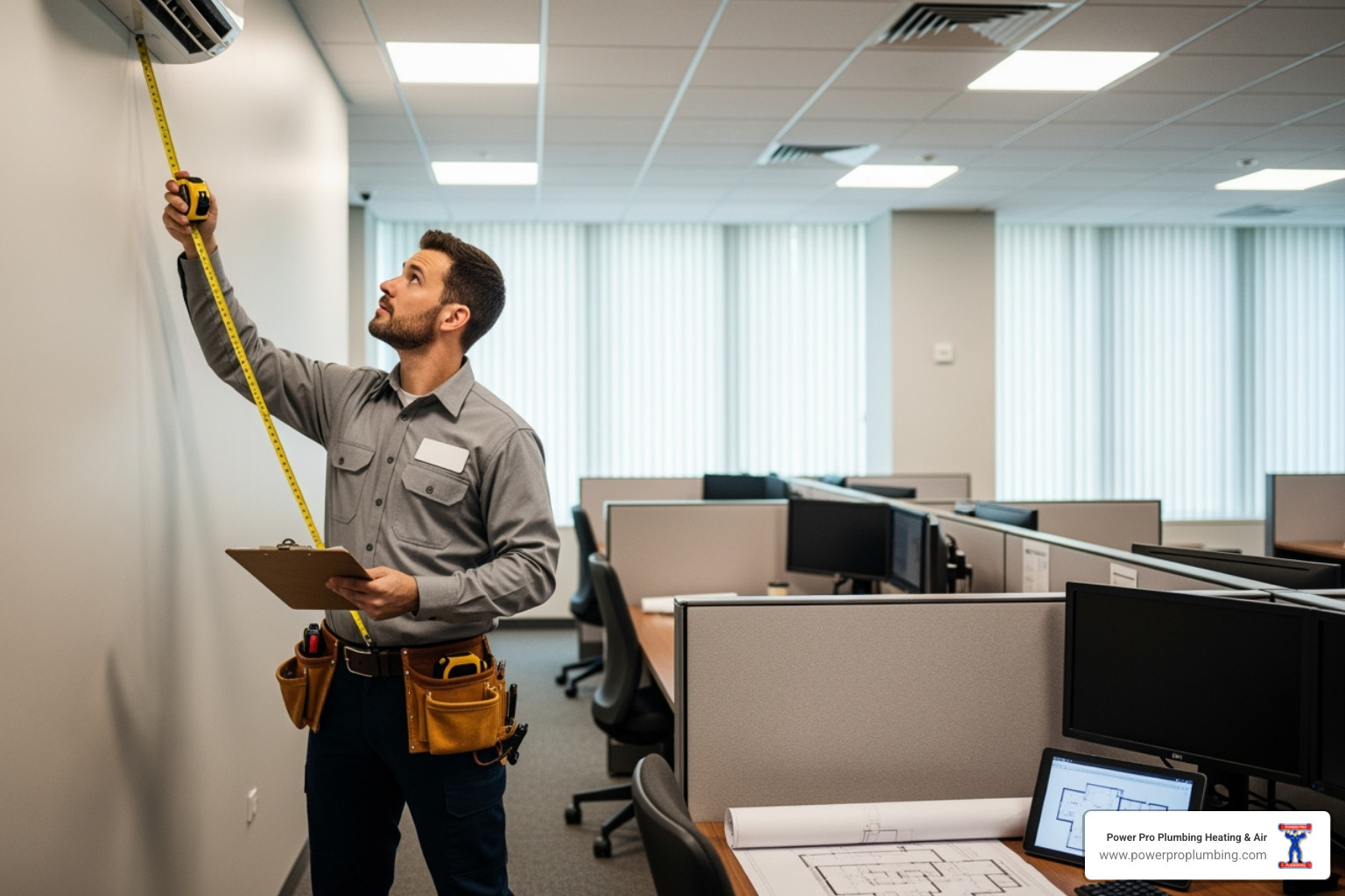 Technician assessing a commercial space for ductless mini split installation - ductless mini splits