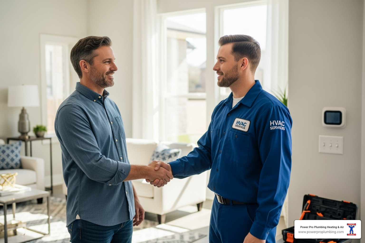 a homeowner shaking hands with a certified technician - hvac maintenance plan