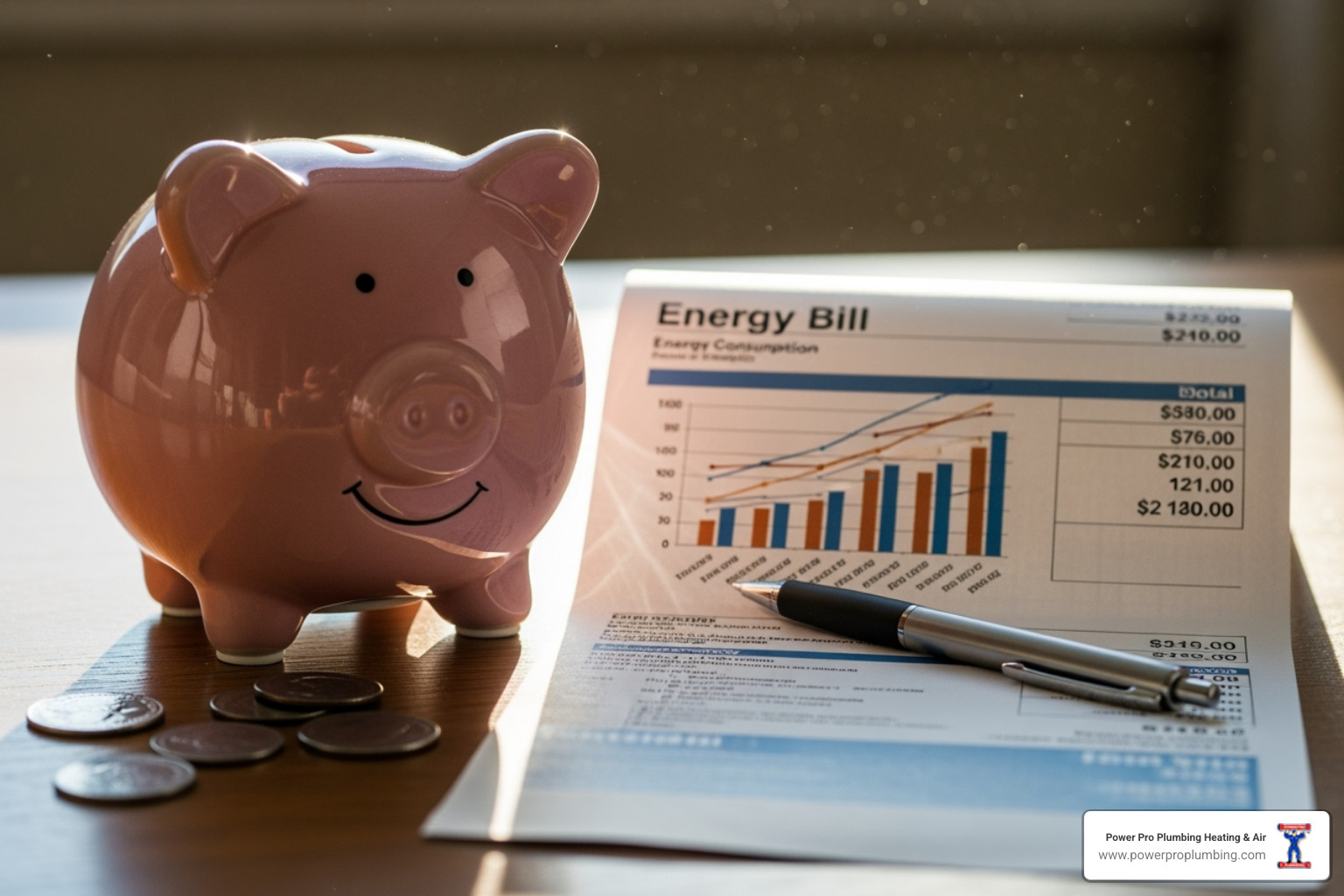 a piggy bank next to an energy bill - hvac maintenance plan