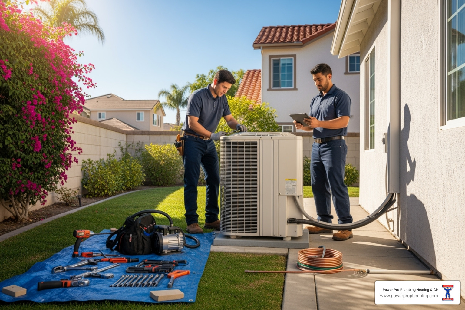 Clean and organized AC installation site with technicians working - AC installation Anaheim