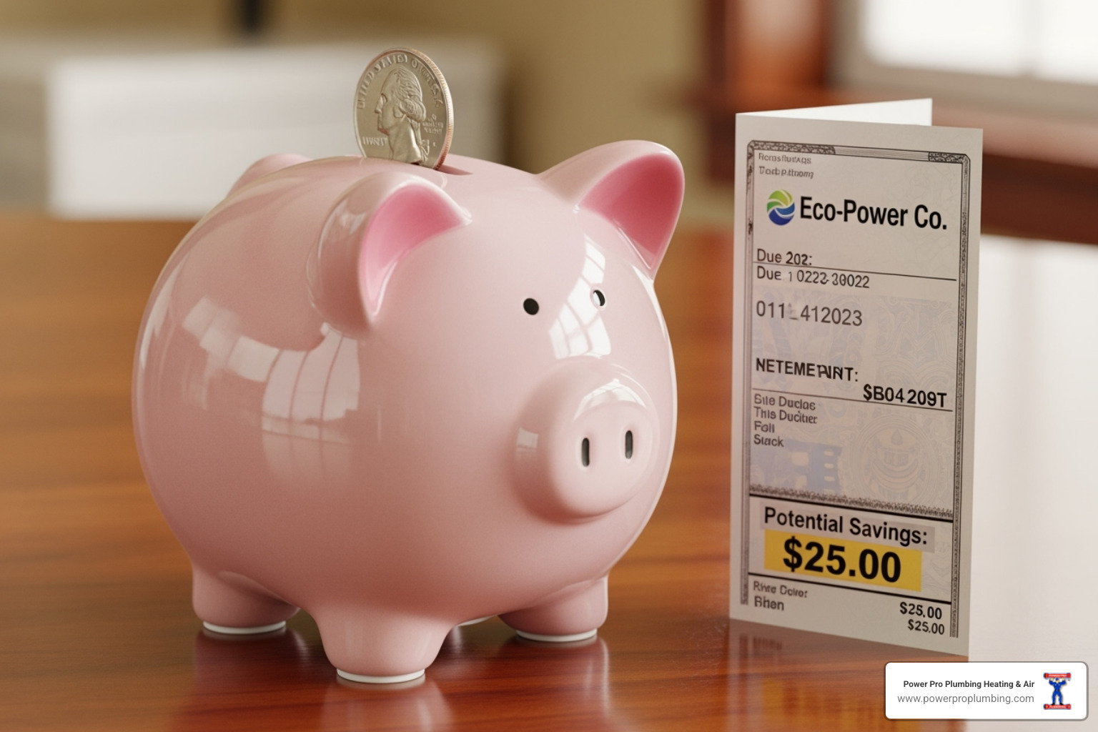 Piggy bank next to an energy bill showing savings - AC installation Anaheim