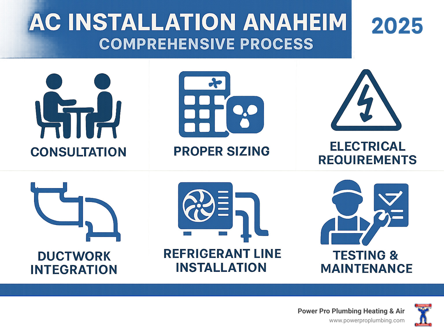 Comprehensive AC installation process infographic showing steps from initial consultation through final testing, including proper sizing calculations, electrical requirements, ductwork integration, refrigerant line installation, and post-installation maintenance requirements for optimal performance in Anaheim's climate - AC installation Anaheim infographic 