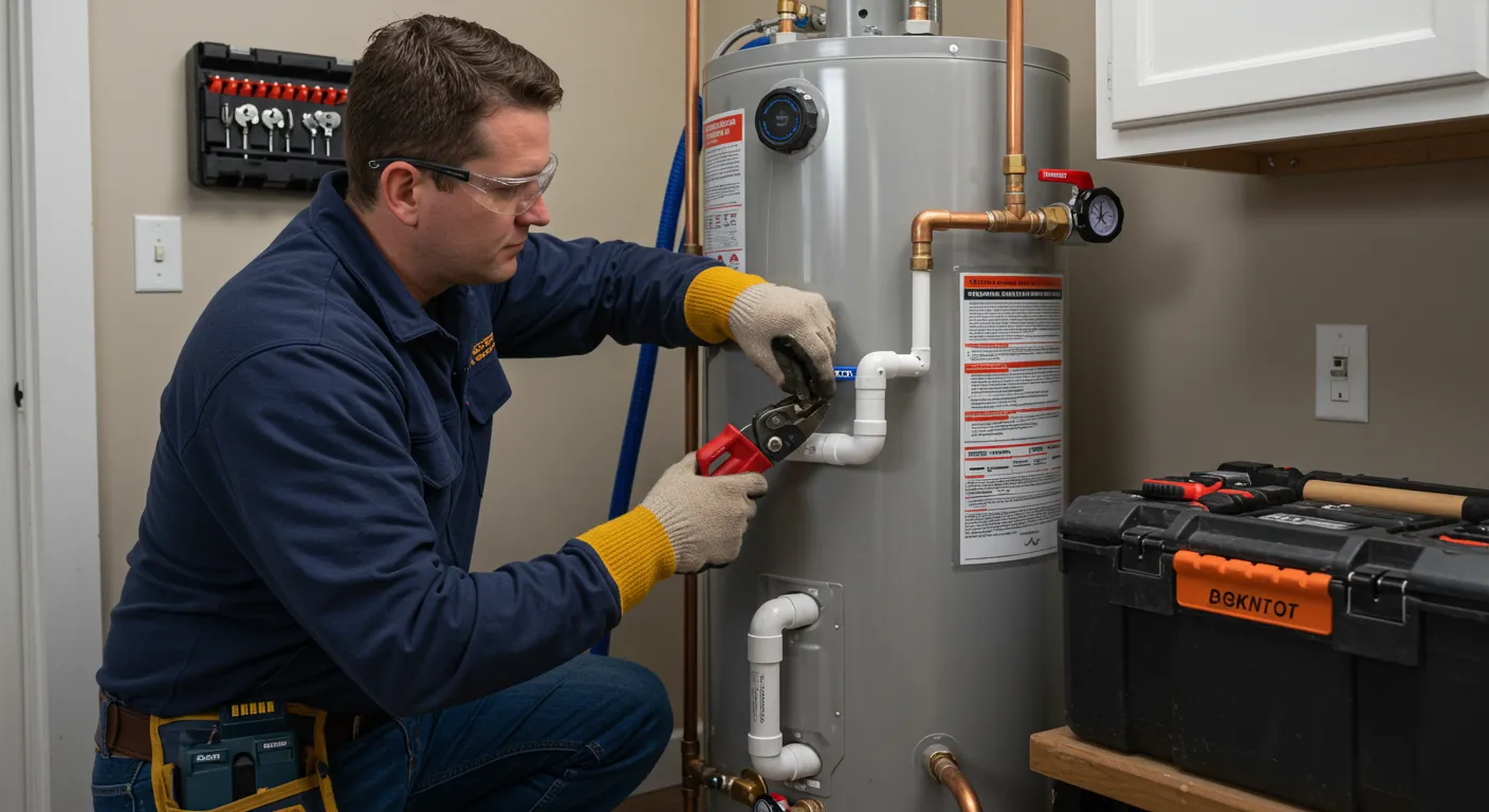A plumber wearing safety glasses and gloves is using pipe cutters to work on the PVC drain pipe of a residential water heater.