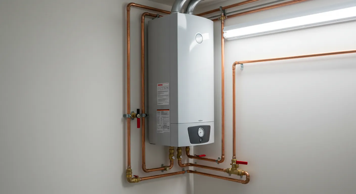 A sleek, wall-mounted tankless water heater with copper plumbing and a gray exhaust pipe on top.