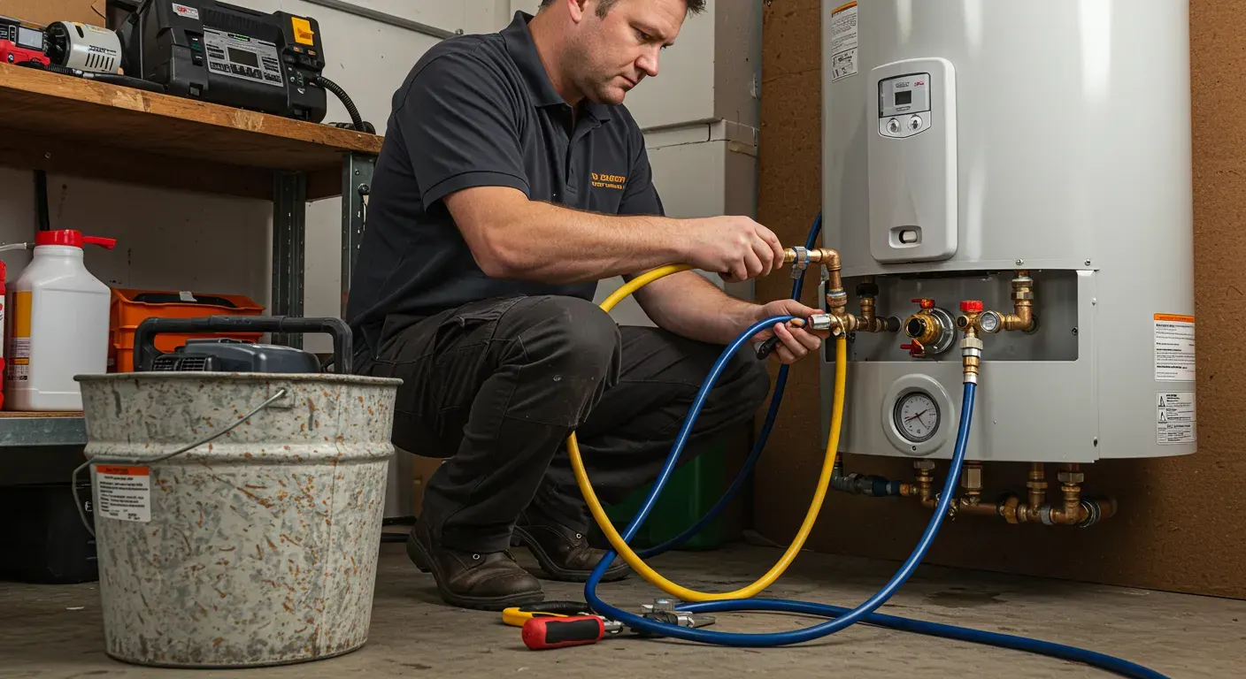 A plumber crouches, using yellow and blue hoses to service a residential water heater system.