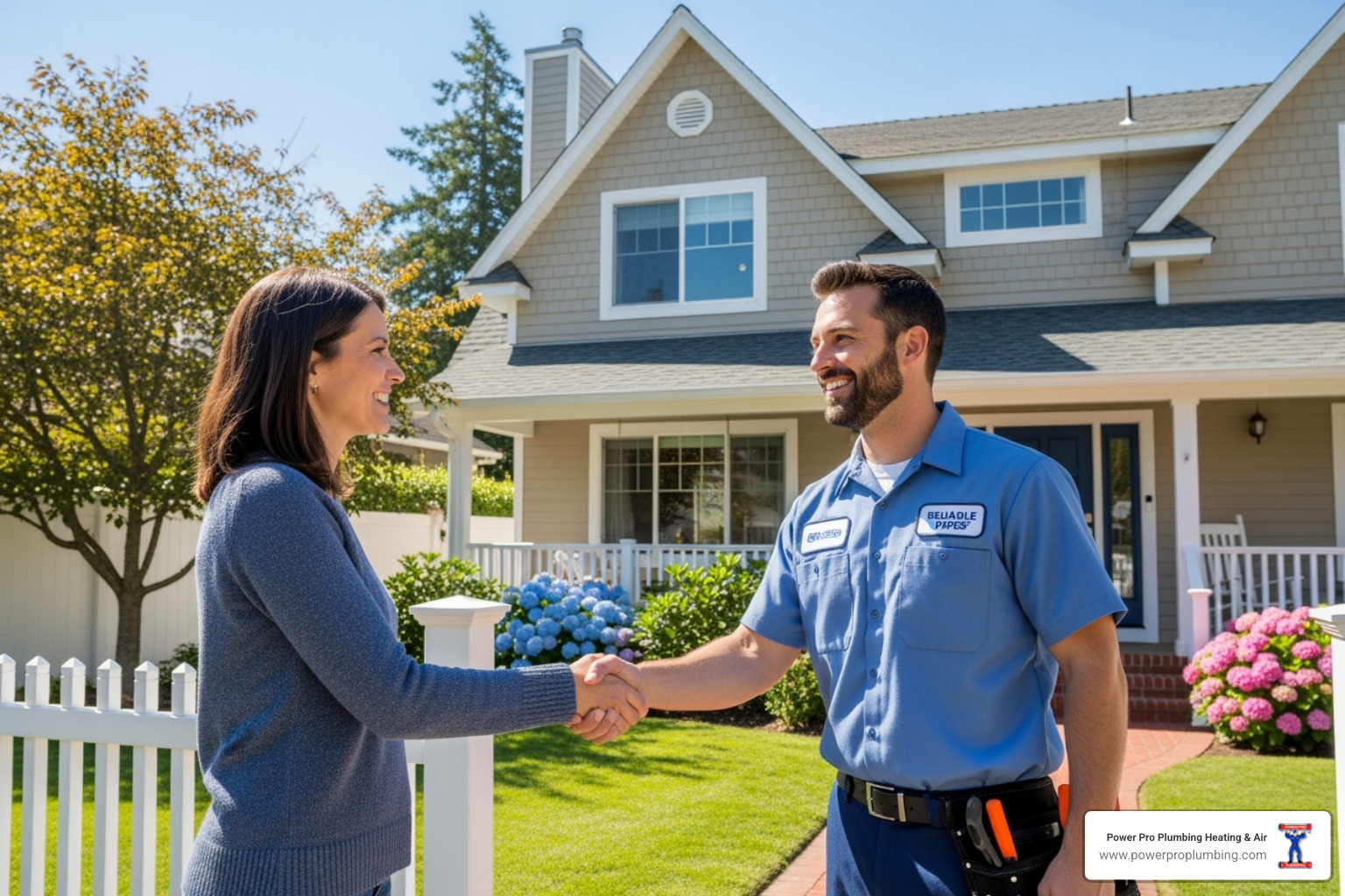 A friendly, local plumber in a clean uniform smiling and shaking hands with a Long Beach resident in front of their home, implying trust and community connection - long beach plumbing service