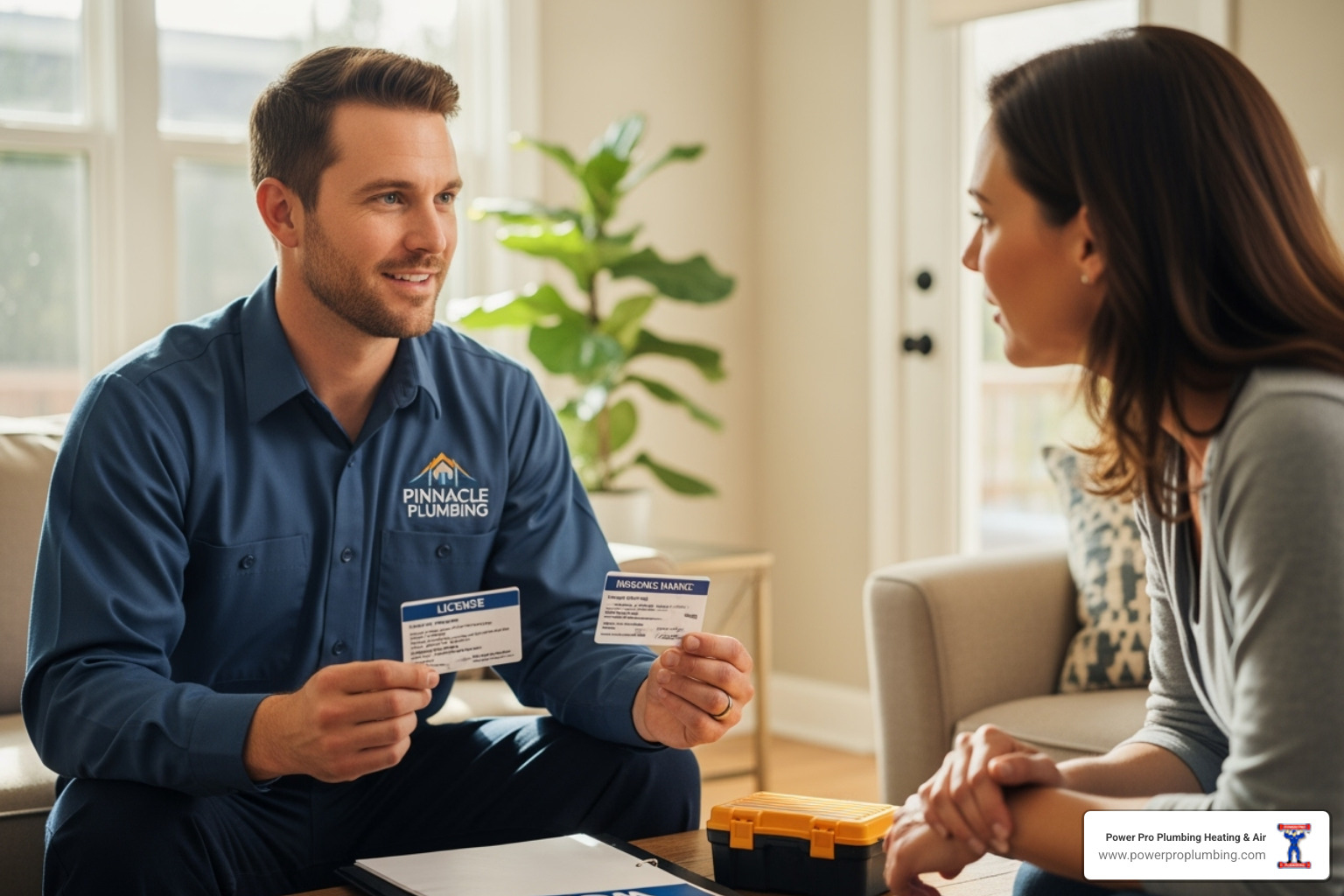 A licensed plumber in a clean uniform showing their professional license and insurance card to a homeowner during an initial consultation - long beach plumbing service