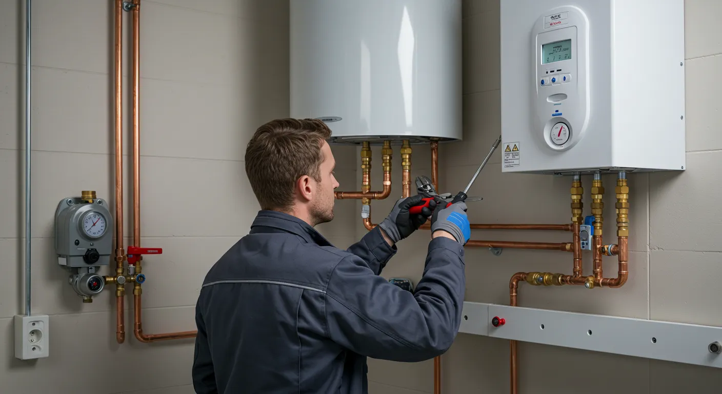 A technician with tools works on the plumbing of a tankless water heater system.