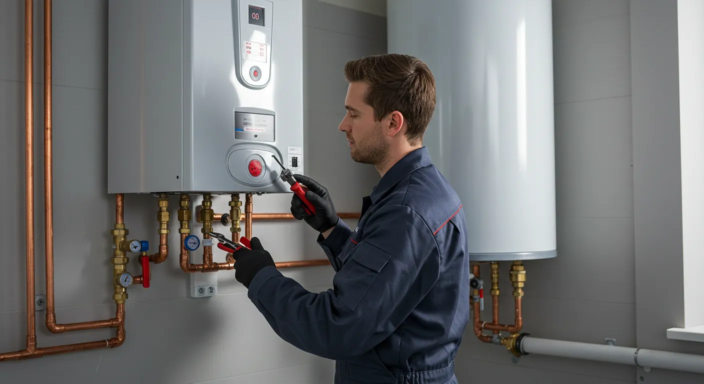 A close-up of a technician with red gloves using pliers to service water heater pipes.
